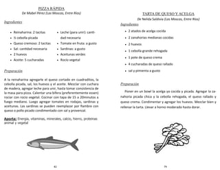 82
PIZZA RÁPIDA
De Mabel Pérez (Las Moscas, Entre Ríos)
Ingredientes
Preparación
A la reinaharina agregarle el queso cortado en cuadraditos, la
cebolla picada, sal, los huevos y el aceite. Mezclar con cuchara
de madera, agregar leche para unir, hasta tomar consistencia de
la masa para pizza. Calentar una bifera (preferentemente essen)
rociar con rocio vegetal. Cocinar con tapa de 15 a 20minutos a
fuego mediano. Luego agregar tomates en rodajas, sardinas y
aceitunas. Las sardinas se pueden reemplazar por fiambre con
queso o pollo picado condimentado con sal y provenzal.
Aporta: Energia, vitaminas, minerales, calcio, hierro, proteinas
animal y vegetal
 Reinaharina: 2 tacitas
 ½ cebolla picada
 Queso cremoso: 2 tacitas
 Sal: cantidad necesaria
 2 huevos
 Aceite: 5 cucharadas
 Leche (para unir): canti-
dad necesaria
 Tomate en fruta: a gusto
 Sardinas: a gusto
 Aceitunas verdes
 Rocío vegetal
79
TARTA DE QUESO Y ACELGA
De Nelida Saldivia (Las Moscas, Entre Ríos)
Ingredientes
 2 atados de acelga cocida
 2 zanahorias medianas cocidas
 2 huevos
 1 cebolla grande rehogada
 1 pote de queso crema
 4 cucharadas de queso rallado
 sal y pimienta a gusto
Preparación
Poner en un bowl la acelga ya cocida y picada. Agregar la za-
nahoria picada chica y la cebolla rehogada, el queso rallado y
queso crema. Condimentar y agregar los huevos. Mezclar bien y
rellenar la tarta. Llevar a horno moderado hasta dorar.
 
