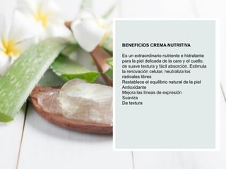 BENEFICIOS CREMA NUTRITIVA
Es un extraordinario nutriente e hidratante
para la piel delicada de la cara y el cuello,
de suave textura y fácil absorción. Estimula
la renovación celular, neutraliza los
radicales libres
Restablece el equilibrio natural de la piel
Antioxidante
Mejora las líneas de expresión
Suaviza
Da textura
 