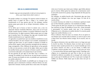 DÍA 16: EL AMOR INTERCEDE
Amado, ruego que seas prosperado en todo así como prospera tu
alma, y que tengas buena salud. (3 Juan 2)
No puedes cambiar a tu cónyuge. No importa cuánto lo desees, no
puedes hacer el papel de Dios y Llegar a su corazón para
transformarlo en lo que quieres que sea. Sin embargo, muchas
parejas pasan gran parte de su tiempo intentando cambiar a su
cónyuge.
Se ha dicho que la locura es hacer lo mismo una y otra vez
esperando obtener resultados diferentes. ¿Pero acaso no es lo que
sucede cuando intentas cambiar a tu pareja? Obtienes la mayor de
las frustraciones. En algún momento, debes aceptar que no es algo
que tú puedas hacer. Sin embargo, hay algo que sí puedes hacer.
Puedes transformarte en un "agricultor sabio".
Un agricultor no puede hacer que una semilla se transforme en una
cosecha fructífera. No sirve enojarse con la semilla, manipularla ni
exigirle que lleve fruto. Lo que sí puede, es plantar la semilla en
terreno fértil, regarla y darle nutrientes, protegerla de las malezas y
luego entregársela a Dios. Millones de agricultores se han ganado
la vida con este proceso a través de los siglos. Saben que no todas
las semillas brotan; pero la mayoría sí brotará cuando se la plante
en el terreno adecuado y se le proporcione lo que necesita.
No hay garantía de que algo en este libro vaya a cambiar a tu
cónyuge. En realidad, no se trata de eso. Se trata de que te atrevas a
amar. Si tomas este desafío en serio, es probable que experimentes
un cambio radical en ti.
Y sí llevas a cabo cada desafío, es probable que tu cónyuge se vea
afectado y que tu matrimonio comience a florecer frente a tus ojos.
Quizá lleve semanas. Incluso puede llevar varios años. No importa
cómo sea el terreno que tienes para trabajar, igual debes planear
para la victoria. Debes quitar las malezas de tu matrimonio; nutrir
la tierra del corazón de tu pareja y luego depender de Dios para los
resultados.
Sin embargo, no podrás hacerlo solo. Necesitarás algo que tiene
más poder que cualquier otra cosa que tengas. Se trata de la
oración eficaz.
La oración funciona de verdad. Es un fenómeno espiritual creado
por un Dios ilimitado y poderoso. Y da resultados increíbles.
¿Tienes ganas de darte por vencido con tu matrimonio? Jesús dijo
que oráramos en lugar de desfallecer (Lucas 18:1). ¿Estás estresado
y preocupado? La oración puede traer paz a tus tormentas
(Filipenses 4:6-7). ¿Necesitas un cambio decisivo? La oración puede
lograr este cambio (Hechos 12:1-17).
Dios es soberano. Hace las cosas a su manera. No es un genio en
una lámpara que concede todos tus deseos. Lo cierto es que te ama
y desea tener una relación íntima contigo. Sin la oración, esto no
sucede.
Hay algunos elementos clave que deben estar en su lugar para que
la oración sea eficaz. No obstante, basta con decir que la oración
funciona mejor cuando proviene de un corazón humilde que tiene
una buena relación con Dios y con los demás. La Biblia dice:
"Confesaos vuestros pecados unos a otros, y orad unos por otros.
[...] La oración eficaz del justo puede lograr mucho" (Santiago 5:16).
¿Alguna vez te preguntaste por qué Dios te deja ver con tanta
claridad los defectos escondidos de tu cónyuge? ¿De verdad crees
que es para que lo fastidies por eso? No, es para que te pongas de
rodillas con eficacia. Nadie mejor que tú sabe cómo orar por tu
cónyuge,
 