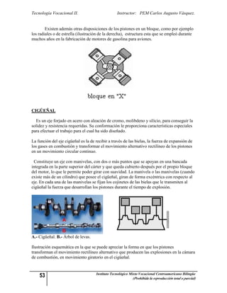 Tecnología Vocacional II.                         Instructor: PEM Carlos Augusto Vásquez.


        Existen además otras disposiciones de los pistones en un bloque, como por ejemplo
los radiales o de estrella (ilustración de la derecha), estructura esta que se empleó durante
muchos años en la fabricación de motores de gasolina para aviones.




CIGÜEÑAL

  Es un eje forjado en acero con aleación de cromo, molibdeno y silicio, para conseguir la
solidez y resistencia requeridas. Su conformación le proporciona características especiales
para efectuar el trabajo para el cual ha sido diseñado.

La función del eje cigüeñal es la de recibir a través de las bielas, la fuerza de expansión de
los gases en combustión y transformar el movimiento alternativo rectilíneo de los pistones
en un movimiento circular continuo.

 Constituye un eje con manivelas, con dos o más puntos que se apoyan en una bancada
integrada en la parte superior del cárter y que queda cubierto después por el propio bloque
del motor, lo que le permite poder girar con suavidad. La manivela o las manivelas (cuando
existe más de un cilindro) que posee el cigüeñal, giran de forma excéntrica con respecto al
eje. En cada una de las manivelas se fijan los cojinetes de las bielas que le transmiten al
cigüeñal la fuerza que desarrollan los pistones durante el tiempo de explosión.




A.- Cigüeñal. B.- Árbol de levas.

Ilustración esquemática en la que se puede apreciar la forma en que los pistones
transforman el movimiento rectilíneo alternativo que producen las explosiones en la cámara
de combustión, en movimiento giratorio en el cigüeñal.



    53                               Instituto Tecnológico Mixto Vocacional Centroamericano Bilingüe
                                                            (Prohibida la reproducción total o parcial)
 