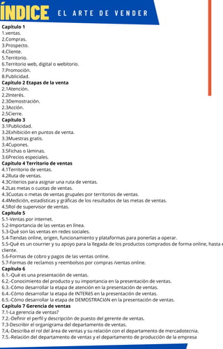 ÍNDICE E L A R T E D E V E N D E R
Capítulo 1
1.ventas.
2.Compras.
3.Prospecto.
4.Cliente.
5.Territorio.
6.Territorio web, digital o webitorio.
7.Promoción.
8.Publicidad.
Capítulo 2 Etapas de la venta
2.1Atención.
2.2Interés.
2.3Demostración.
2.3Acción.
2.5Cierre.
Capítulo 3
3.1Publicidad.
3.2Exhibición en puntos de venta.
3.3Muestras gratis.
3.4Cupones.
3.5Fichas o láminas.
3.6Precios especiales.
Capítulo 4 Territorio de ventas
4.1Territorio de ventas.
4.2Ruta de ventas.
4.3Criterios para asignar una ruta de ventas.
4.2Las metas o cuotas de ventas.
4.3Cuotas o metas de ventas grupales por territorios de ventas.
4.4Medición, estadísticas y gráficas de los resultados de las metas de ventas.
4.5Rol de supervisor de ventas.
Capítulo 5
5.1-Ventas por internet.
5.2-Importancia de las ventas en línea.
5.3-Qué son las ventas en redes sociales.
5.4-Tiendas online, origen, funcionamiento y plataformas para ponerlas a operar.
5.5-Qué es un courrier y su apoyo para la llegada de los productos comprados de forma online, hasta e
cliente.
5.6-Formas de cobro y pagos de las ventas online.
5.7-Formas de reclamos y reembolsos por compras /ventas online.
Capítulo 6
6.1.-Qué es una presentación de ventas.
6.2.-Conocimiento del producto y su importancia en la presentación de ventas.
6.3.-Cómo desarrollar la etapa de atención en la presentación de ventas.
6.4.-Cómo desarrollar la etapa de INTERéS en la presentación de ventas.
6.5.-Cómo desarrollar la etapa de DEMOSTRACIóN en la presentación de ventas.
Capítulo 7 Gerencia de ventas
7.1-La gerencia de ventas?
7.2.-Definir el perfil y descripción de puesto del gerente de ventas.
7.3-Describir el organigrama del departamento de ventas.
7,4,-Describa el rol del área de ventas y su relación con el departamento de mercadotecnia.
7.5.-Relación del departamento de ventas y el departamento de producción de la empresa
 