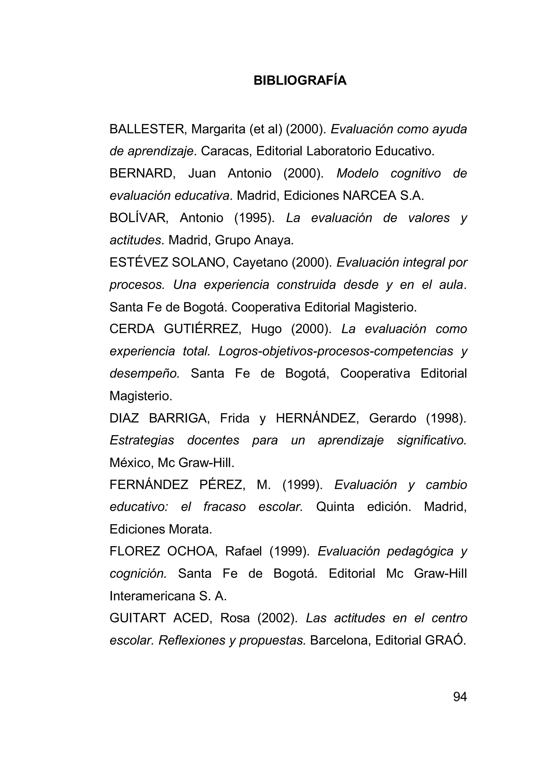 94
BIBLIOGRAFÍA
BALLESTER, Margarita (et al) (2000). Evaluación como ayuda
de aprendizaje. Caracas, Editorial Laboratorio Educativo.
BERNARD, Juan Antonio (2000). Modelo cognitivo de
evaluación educativa. Madrid, Ediciones NARCEA S.A.
BOLÍVAR, Antonio (1995). La evaluación de valores y
actitudes. Madrid, Grupo Anaya.
ESTÉVEZ SOLANO, Cayetano (2000). Evaluación integral por
procesos. Una experiencia construida desde y en el aula.
Santa Fe de Bogotá. Cooperativa Editorial Magisterio.
CERDA GUTIÉRREZ, Hugo (2000). La evaluación como
experiencia total. Logros-objetivos-procesos-competencias y
desempeño. Santa Fe de Bogotá, Cooperativa Editorial
Magisterio.
DIAZ BARRIGA, Frida y HERNÁNDEZ, Gerardo (1998).
Estrategias docentes para un aprendizaje significativo.
México, Mc Graw-Hill.
FERNÁNDEZ PÉREZ, M. (1999). Evaluación y cambio
educativo: el fracaso escolar. Quinta edición. Madrid,
Ediciones Morata.
FLOREZ OCHOA, Rafael (1999). Evaluación pedagógica y
cognición. Santa Fe de Bogotá. Editorial Mc Graw-Hill
Interamericana S. A.
GUITART ACED, Rosa (2002). Las actitudes en el centro
escolar. Reflexiones y propuestas. Barcelona, Editorial GRAÓ.
 