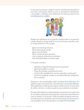 Lo que para una persona es cotidiano, común y conocido, para otra puede ser
                                raro, ajeno y desconocido. ¿Observas cómo se van dando las interrelaciones
                                y qué pueblos e individuos tienen diferencias? Así formamos parte de una
                                sociedad planetaria o global.




                                Imagina que cada persona de un grupo de extranjeros pide en un puesto de
                                comida, ubicado en el lugar donde tú vives, lo mismo que acostumbra comer
                                en el lugar donde él vive. Por ejemplo:

                                  Quiero un trozo de grasa de foca.
                                  Deseo leche agria de camella.
                                  Quiero queso de búfala.
                                  Déme una torta de pierna de puerco.
                                  A mí, un plato de col hervida con salchichas.
                                  Atún ahumado bañado con miel de maple.

                                • En parejas comenten.

                                  –   ¿Identifican el lugar de donde provienen esas personas?
                                  –   ¿Qué idioma hablan en su país?
                                  –   El que lleva turbante, ¿qué pediría de comer?
                                  –   ¿Cuál de ellos está pidiendo lo normal y adecuado en nuestro país?
                                  –   ¿Cuál está viviendo de acuerdo con costumbres diferentes al lugar don-
                                      de se encuentra?

                                Participar en esta sociedad global implica el respeto de las diferencias. No
                                podemos juzgar como equivocado o anormal lo que es únicamente diferente.
                                Afortunadamente no todos pensamos igual, no todos tenemos el mismo color
                                de cabello, o de ojos, ni a todos nos gusta la misma muchacha o muchacho.

                                El respeto de las diferencias implica participar activamente en la construcción
                                de una cultura respetuosa de quienes piensan y actúan de manera diferente a
                                como mi familia y yo lo hacemos. Todos los pueblos del planeta están cons-
                                truyendo sistemas de vida donde realmente los principios de la democracia se
                                vean respetados; uno de estos principios es el respeto de la diversidad.


152   Aprendo a vivir mi ciudadanía
 