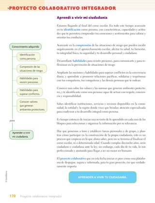 >PROYECTO COLABORATIVO INTEGRADOR
                                    Aprendí a vivir mi ciudadanía

                                    Estamos llegando al final del curso escolar. En todo este tiempo avanzaste
                                    en tu identificación como persona, con características, capacidades y actitu-
                                    des que te permiten comprender tus emociones y sentimientos para valorar y
                                    orientar tus conductas.

                                    Avanzaste en la comprensión de las situaciones de riesgo que pueden incidir
 Conocimiento adquirido
                                    negativamente en el aprovechamiento escolar, afectar tu salud, tu bienestar,
                                    tu integridad física, tu seguridad y tu desarrollo personal y ciudadano.
        Identiﬁcación
        como persona.
                                    Desarrollaste habilidades para resistir presiones, para comunicarte y para re-
                                    flexionar en la prevención de situaciones de riesgo.
        Compresión de las
        situaciones de riesgo.
                                    Ampliaste las nociones y habilidades para superar conflictos en la convivencia
                                    diaria, y aprendiste a promover relaciones pacíficas, solidarias y respetuosas
        Habilidades para
                                    con tus compañeros, tus compañeras y las demás personas que te rodean.
        resistir presiones.

                                    Conoces más sobre los valores y las normas que generan ambientes protecto-
        Habilidades para
                                    res, y te identificaste como una persona capaz de actuar con respeto, concien-
        superar conﬂictos.
                                    cia y responsabilidad.
        Conocer valores
                                    Sabes identificar instituciones, servicios y recursos disponibles en la comu-
        que generan
                                    nidad, la entidad y la región donde vives que brindan atención especializada
        ambientes protectores.
                                    para coadyuvar a tu desarrollo integral como persona.


para                                Es tiempo entonces de iniciar una revisión de lo aprendido en cada uno de los
                                    bloques para seleccionar y organizar la información por su relevancia.

                                    Hay que ponernos a tono y establecer tareas personales y de grupo, y plan-
  Aprender a vivir
                                    tear cómo participar en la construcción de la propia ciudadanía; esto es un
  mi ciudadania.
                                    proceso que empieza en lo que ahora sabes, pero no se termina al finalizar el
                                    curso escolar, ni a determinada edad. Cuando cumplas dieciocho años, serás
                                    ciudadano o ciudadana ante la ley; sin embargo, cada día de tu vida, lo irás
                                    perfeccionado y ajustando para llegar a ser un mejor ser humano.

                                    El proyecto colaborativo que en esta fecha inicias es pues como una platafor-
                                    ma de despegue, segura e informada, para tu gran proyecto; ése que verdade-
                                    ramente importa:


                                                      APRENDER A VIVIR TU CIUDADANÍA.




170     Proyecto colaborativo integrador
 