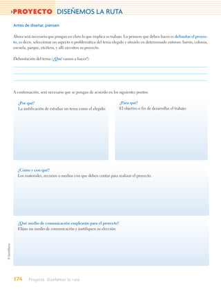 >PROYECTO DISEÑEMOS LA RUTA
Antes de diseñar, piensen

Ahora será necesario que pongan en claro lo que implica su trabajo. Lo primero que deben hacer es delimitar el proyec-
to, es decir, seleccionar un aspecto o problemática del tema elegido y situarlo en determinado entorno: barrio, colonia,
escuela, parque, etcétera, y allí ejecuten su proyecto.

Delimitación del tema (¿Qué vamos a hacer?)




A continuación, será necesario que se pongan de acuerdo en los siguientes puntos:

  ¿Por qué?                                                      ¿Para qué?
  La justificación de estudiar un tema como el elegido:          El objetivo o fin de desarrollar el trabajo:




  ¿Cómo y con qué?
  Los materiales, recursos o medios con que deben contar para realizar el proyecto:




  ¿Qué medio de comunicación emplearán para el proyecto?
  Elijan un medio de comunicación y justifiquen su elección:




174      Proyecto. Diseñemos la ruta
 