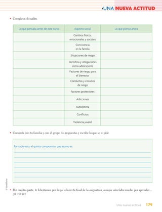 >UNA NUEVA ACTITUD
• Completa el cuadro.


       Lo que pensaba antes de este curso              Aspecto social                 Lo que pienso ahora

                                                   Cambios físicos,
                                                 emocionales y sociales
                                                         Convivencia
                                                         en la familia

                                                  Situaciones de riesgo

                                                 Derechos y obligaciones
                                                   como adolescente
                                                 Factores de riesgo para
                                                      el bienestar
                                                  Conductas y circuitos
                                                       de riesgo

                                                  Factores protectores

                                                         Adicciones

                                                         Autoestima

                                                          Conﬂictos

                                                       Violencia juvenil


• Comenta con tu familia y con el grupo tus respuestas y escribe lo que se te pide.



   Por todo esto, el quinto compromiso que asumo es:




• Por nuestra parte, te felicitamos por llegar a la recta final de la asignatura, aunque aún falta mucho por aprender…
  ¡SUERTE!


                                                                                        Una nueva actitud       179
 