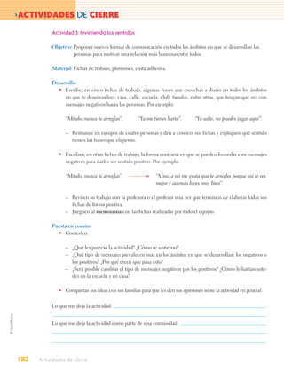 >ACTIVIDADES DE CIERRE
           Actividad 3: Invirtiendo los sentidos

           Objetivo: Proponer nuevas formas de comunicación en todos los ámbitos en que se desarrollan las
                     personas para motivar una relación más humana entre todos.

           Material: Fichas de trabajo, plumones, cinta adhesiva.

           Desarrollo:
             • Escribe, en cinco fichas de trabajo, algunas frases que escuchas a diario en todos los ámbitos
                en que te desenvuelves: casa, calle, escuela, club, tiendas, entre otros, que tengan que ver con
                mensajes negativos hacia las personas. Por ejemplo:

                 “Míralo, nunca te arreglas”.       “Ya me tienes harta”.       “Ya salte, no puedes jugar aquí”.

                 – Reúnanse en equipos de cuatro personas y den a conocer sus fichas y expliquen qué sentido
                   tienen las frases que eligieron.

              • Escriban, en otras fichas de trabajo, la forma contraria en que se pueden formular esos mensajes
                negativos para darles un sentido positivo. Por ejemplo:

                 “Míralo, nunca te arreglas”.                “Mira, a mí me gusta que te arregles porque así te ves
                                                             mejor y además luces muy bien”.

                 – Revisen su trabajo con la profesora o el profesor una vez que terminen de elaborar todas sus
                   fichas de forma positiva.
                 – Jueguen al memorama con las fichas realizadas por todo el equipo.

           Puesta en común:
             • Contesten.

                 – ¿Qué les pareció la actividad? ¿Cómo se sintieron?
                 – ¿Qué tipo de mensajes prevalecen más en los ámbitos en que se desarrollan: los negativos o
                   los positivos? ¿Por qué creen que pasa esto?
                 – ¿Será posible cambiar el tipo de mensajes negativos por los positivos? ¿Cómo le harían uste-
                   des en la escuela y en casa?

              • Compartan sus ideas con sus familias para que les den sus opiniones sobre la actividad en general.


           Lo que me deja la actividad:


           Lo que me deja la actividad como parte de una comunidad:




182   Actividades de cierre
 