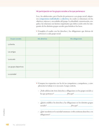 Mi participación en los grupos sociales a los que pertenezco

                          Los y las adolescentes, por el hecho de pertenecer a un grupo social, adquie-
                          ren compromisos individuales y colectivos, los cuales se relacionan con los
                          objetivos, intereses y necesidades del grupo. La identidad, comunicación, em-
                          patía y las relaciones son factores importantes que deben existir entre los inte-
                          grantes de los distintos grupos sociales para fortalecer los lazos.

                          • Completa el cuadro con los derechos y las obligaciones que derivan de
                            pertenecer a cada grupo social.

     Grupos sociales        Mis derechos                                  Mis obligaciones


 La familia



 Los amigos



 La escuela



 Los grupos deportivos



 La sociedad




                          • Compara tus respuestas con las de tus compañeros y compañeras, y com-
                            plementa tu trabajo si es necesario. Luego contesta.

                            – ¿Todo adolescente tiene derechos y obligaciones en los grupos sociales a
                               los que pertenece?                    ¿Por qué?



                            – ¿Quién establece los derechos y las obligaciones en los distintos grupos
                               sociales?                                   ¿Por qué?


                            – ¿Qué sucedería en la sociedad sonorense si sólo existieran derechos y no
                               obligaciones?




48      Yo, adolescente
 