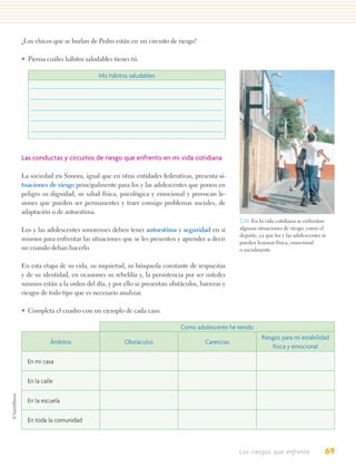¿Los chicos que se burlan de Pedro están en un circuito de riesgo?

• Piensa cuáles hábitos saludables tienes tú.

                             Mis hábitos saludables




Las conductas y circuitos de riesgo que enfrento en mi vida cotidiana

La sociedad en Sonora, igual que en otras entidades federativas, presenta si-
tuaciones de riesgo principalmente para los y las adolescentes que ponen en
peligro su dignidad, su salud física, psicológica y emocional y provocan le-
siones que pueden ser permanentes y traer consigo problemas sociales, de
adaptación o de autoestima.
                                                                                   2.10. En la vida cotidiana se enfrentan
Los y las adolescentes sonorenses deben tener autoestima y seguridad en sí         algunas situaciones de riesgo, como el
                                                                                   deporte, ya que los y las adolescentes se
mismos para enfrentar las situaciones que se les presenten y aprender a decir
                                                                                   pueden lesionar física, emocional
no cuando deban hacerlo.                                                           o socialmente.


En esta etapa de su vida, su inquietud, su búsqueda constante de respuestas
y de su identidad, en ocasiones su rebeldía y, la persistencia por ser ustedes
mismos están a la orden del día, y por ello se presentan obstáculos, barreras y
riesgos de todo tipo que es necesario analizar.

• Completa el cuadro con un ejemplo de cada caso.

                                                             Como adolescente he tenido
                                                                                             Riesgos para mi estabilidad
           Ámbitos                      Obstáculos                     Carencias
                                                                                                 física y emocional

  En mi casa

  En la calle

  En la escuela

  En toda la comunidad



                                                                                   Los riesgos que enfrento                69
 