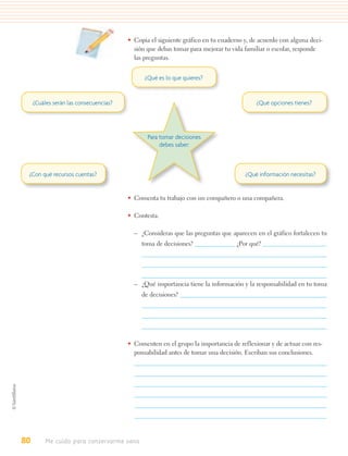 • Copia el siguiente gráfico en tu cuaderno y, de acuerdo con alguna deci-
                                          sión que debas tomar para mejorar tu vida familiar o escolar, responde
                                          las preguntas.


                                              ¿Qué es lo que quieres?


     ¿Cuáles serán las consecuencias?                                                   ¿Qué opciones tienes?




                                               Para tomar decisiones
                                                    debes saber:



 ¿Con qué recursos cuentas?                                                         ¿Qué información necesitas?


                                        • Comenta tu trabajo con un compañero o una compañera.

                                        • Contesta.

                                          – ¿Consideras que las preguntas que aparecen en el gráfico fortalecen tu
                                             toma de decisiones?                 ¿Por qué?




                                          – ¿Qué importancia tiene la información y la responsabilidad en tu toma
                                             de decisiones?




                                        • Comenten en el grupo la importancia de reflexionar y de actuar con res-
                                          ponsabilidad antes de tomar una decisión. Escriban sus conclusiones.




80        Me cuido para conservarme sano
 