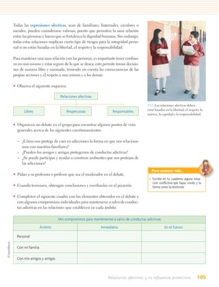 Todas las expresiones afectivas, sean de familiares, fraternales, escolares o
sociales, pueden considerarse valiosas, puesto que permiten la sana relación
entre las personas y hacen que se fortalezca la dignidad humana. Sin embargo,
todas estas relaciones implican cierto tipo de riesgos para la integridad perso-
nal si no están basadas en la libertad, el respeto y la responsabilidad.

Para mantener una sana relación con las personas, es importante tener confian-
za en uno mismo y estar seguro de lo que se desea; esto permite tomar decisio-
nes de manera libre y razonada, teniendo en cuenta las consecuencias de las
propias acciones y el respeto a uno mismo y a los demás.

• Observa el siguiente esquema.

                              Relaciones afectivas

                                                                                   3.12. Las relaciones afectivas deben
                                                                                   estar basadas en la libertad, el respeto, la
       Libres                    Respetuosas                   Responsables
                                                                                   justicia, la equidad y la responsabilidad.


• Organicen un debate en el grupo para encontrar algunos puntos de vista
  generales acerca de los siguientes cuestionamientos:

  – ¿Cómo nos protege de caer en adicciones la forma en que nos relaciona-
    mos con nuestros familiares?
  – ¿Pueden los amigos y amigas protegernos de conductas adictivas?
  – ¿Se puede participar y ayudar a construir ambientes que nos protejan de
    las adicciones?
                                                                                      Para avanzar más…
• Pidan a su profesora o profesor que sea el moderador en el debate.
                                                                                    • Escribe en tu cuaderno alguna situa-
                                                                                      ción conﬂictiva que hayas vivido y la
• Cuando terminen, obtengan conclusiones y escríbanlas en el pizarrón.                forma como la resolviste.

• Completen el siguiente cuadro con los elementos obtenidos en el debate y
  con algunos compromisos individuales para mantenerse a salvo de conduc-
  tas adictivas en las relaciones que establecen en cada ámbito.

                            Mis compromisos para mantenerme a salvo de conductas adictivas
                   Ámbito                              Inmediatos                               En el futuro

  Personal

  Con mi familia

  Con mis amigos y amigas



                                                            Relaciones afectivas y su influencia protectora               105
 