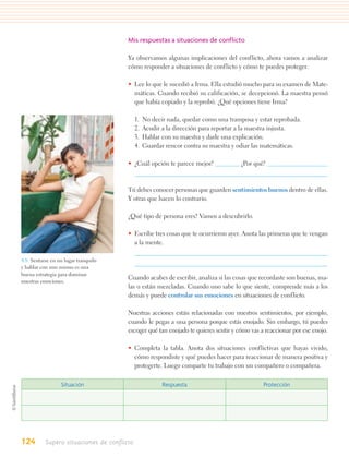 Mis respuestas a situaciones de conflicto

                                        Ya observamos algunas implicaciones del conflicto, ahora vamos a analizar
                                        cómo responder a situaciones de conflicto y cómo te puedes proteger.

                                        • Lee lo que le sucedió a Irma. Ella estudió mucho para su examen de Mate-
                                          máticas. Cuando recibió su calificación, se decepcionó. La maestra pensó
                                          que había copiado y la reprobó. ¿Qué opciones tiene Irma?

                                             1.   No decir nada, quedar como una tramposa y estar reprobada.
                                             2.   Acudir a la dirección para reportar a la maestra injusta.
                                             3.   Hablar con su maestra y darle una explicación.
                                             4.   Guardar rencor contra su maestra y odiar las matemáticas.

                                        • ¿Cuál opción te parece mejor?               ¿Por qué?



                                        Tú debes conocer personas que guarden sentimientos buenos dentro de ellas.
                                        Y otras que hacen lo contrario.

                                        ¿Qué tipo de persona eres? Vamos a descubrirlo.

                                        • Escribe tres cosas que te ocurrieron ayer. Anota las primeras que te vengan
                                          a la mente.

4.8. Sentarse en un lugar tranquilo
y hablar con uno mismo es una
buena estrategia para dominar
                                        Cuando acabes de escribir, analiza si las cosas que recordaste son buenas, ma-
nuestras emociones.
                                        las o están mezcladas. Cuando uno sabe lo que siente, comprende más a los
                                        demás y puede controlar sus emociones en situaciones de conflicto.

                                        Nuestras acciones están relacionadas con nuestros sentimientos, por ejemplo,
                                        cuando le pegas a una persona porque estás enojado. Sin embargo, tú puedes
                                        escoger qué tan enojado te quieres sentir y cómo vas a reaccionar por ese enojo.

                                        • Completa la tabla. Anota dos situaciones conflictivas que hayas vivido,
                                          cómo respondiste y qué puedes hacer para reaccionar de manera positiva y
                                          protegerte. Luego comparte tu trabajo con un compañero o compañera.

                  Situación                              Respuesta                            Protección




124        Supero situaciones de conflicto
 