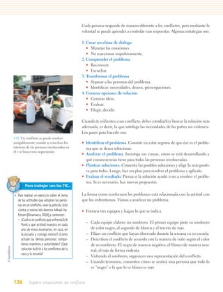 Cada persona responde de manera diferente a los conflictos, pero mediante la
                                               voluntad se puede aprender a controlar esas respuestas. Algunas estrategias son:

                                               1. Crear un clima de diálogo
                                                  • Manejar las emociones.
                                                  • No reaccionar impulsivamente.
                                               2. Comprender el problema
                                                  • Reconocer.
                                                  • Escuchar.
                                               3. Transformar el problema
                                                  • Separar a las personas del problema.
                                                  • Identificar: necesidades, deseos, preocupaciones.
                                               4. Generar opciones de solución
                                                  • Generar ideas.
                                                  • Evaluar.
                                                  • Elegir, decidir.

                                               Cuando te enfrentes a un conflicto, debes estudiarlo y buscar la solución más
                                               adecuada, es decir, la que satisfaga las necesidades de las partes sin violencia.
                                               Los pasos para hacerlo son:
4.10. Un conflicto se puede resolver
amigablemente cuando se concilian los          • Identificar el problema. Consiste en estar seguros de que ése es el proble-
intereses de las personas involucradas en        ma que se desea solucionar.
él y se busca una negociación.
                                               • Analizar el problema. Investiga sus causas, cómo se está desarrollando y
                                                 qué consecuencias tiene para todas las personas involucradas.
                                               • Plantear soluciones. Comenta las posibles soluciones y elige la más positi-
                                                 va para todos. Luego, haz un plan para resolver el problema y aplícalo.
                                               • Evaluar el resultado. Piensa si la solución ayudó o no a resolver el proble-
                                                 ma. Si es necesario, haz nuevas propuestas.
        Para trabajar con las TIC…

• Para realizar un ejercicio sobre el tema     La forma como resolvemos los problemas está relacionada con la actitud con
  de las actitudes que adoptan las perso-      que los enfrentamos. Vamos a analizar un problema.
  nas en un conflicto, vean la película Solo
  contra sí mismo del director Mikael Ha-      • Formen tres equipos y hagan lo que se indica.
  fstrom (Dinamarca, 2004) y contesten:
  – ¿Cuál es el conflicto que enfrenta Erik
                                                 – Cada equipo elabore un sombrero. El primer equipo pinte su sombrero
     Ponti y qué actitud muestra en cada
     uno de estos escenarios: en casa, en          de color negro, el segundo de blanco y el tercero de rojo.
     la escuela y consigo mismo? ¿Cómo           – Elijan un conflicto que hayan observado durante la semana en su escuela.
     actúan las demás personas: compa-           – Describan el conflicto de acuerdo con la manera de verlo según el color
     ñeros, maestros y autoridades? ¿Qué           de su sombrero. El negro de manera negativa; el blanco de manera neu-
     solución da Erik a los conflictos de la       tral; el rojo de forma violenta.
     casa y la escuela?
                                                 – Vistiendo el sombrero, organicen una representación del conflicto.
                                                 – Cuando terminen, comenten cómo se sentirá una persona que todo lo
                                                   ve “negro” o la que lo ve blanco o rojo


126        Supero situaciones de conflicto
 