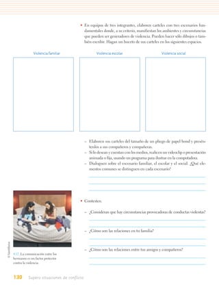 • En equipos de tres integrantes, elaboren carteles con tres escenarios fun-
                                         damentales donde, a su criterio, manifiestan los ambientes y circunstancias
                                         que pueden ser generadores de violencia. Pueden hacer sólo dibujos o tam-
                                         bién escribir. Hagan un boceto de sus carteles en los siguientes espacios.

              Violencia familiar                   Violencia escolar                         Violencia social




                                            – Elaboren sus carteles del tamaño de un pliego de papel bond y presén-
                                              tenlos a sus compañeros y compañeras.
                                            – Si lo desean y cuentan con los medios, realicen un videoclip o presentación
                                              animada o fija, usando un programa para ilustrar en la computadora.
                                            – Dialoguen sobre el escenario familiar, el escolar y el social. ¿Qué ele-
                                              mentos comunes se distinguen en cada escenario?




                                       • Contesten.

                                            – ¿Consideran que hay circunstancias provocadoras de conductas violentas?



                                            – ¿Cómo son las relaciones en tu familia?



                                            – ¿Cómo son las relaciones entre tus amigos y compañeros?
4.12. La comunicación entre los
hermanos es un factor protector
contra la violencia.



130       Supero situaciones de conflicto
 