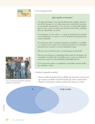 • Lee el siguiente texto.


                                                                            ¿Qué significa ser humano?

                                                       A lo largo del tiempo se han ido descubriendo las múltiples dimensio-
                                                       nes del ser humano, no es el saber puramente intelectual el que pone
                                                       en movimiento nuestro obrar y vivir, sino que es el desarrollo integral
                                                       del ser el que, como una fuerza que proviene desde dentro, despliega
                                                       todas sus capacidades y acciones.

                                                       El ser humano vive los valores y es capaz de transformar la sociedad
                                                       y de transformarse a sí mismo, en un ciclo abierto de humanización
                                                       social e individual.

                                                       El ser humano está en constante búsqueda de equilibrio, se modifica
                                                       y se reforma. En el campo de las relaciones humanas es un buscador
                                                       permanente de sí mismo, es un actor individual y social.

                                                       Sólo él es un ser racional y ético, y se preocupa por su desarrollo.

                                                       Para los seres humanos es importante formar parte de un grupo, esta
                                                       necesidad se ve fortalecida en la adolescencia, ya que por medio de la
                                                       convivencia social, se va desarrollando la identidad personal.

                                                       En la convivencia diaria se manifiestan y desarrollan nuestras aptitu-
                                                       des, actitudes y valores.


                                                   • Realiza la siguiente actividad.

                                                     – Piensa en todos los puntos fuertes y débiles que tienen tú y tu mejor ami-
                                                       go o amiga y escríbelos en los dos círculos que están a continuación.
1.11. La convivencia respetuosa y tolerante
enriquece a las personas.                            – Donde se unen los dos círculos, escribe lo que tienen en común.



                                              Yo                                        Amigo o amiga




32         Yo, adolescente
 