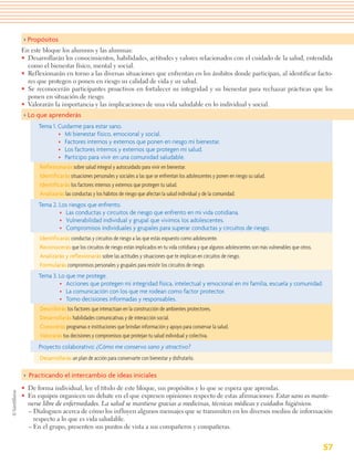 > Propósitos
En este bloque los alumnos y las alumnas:
• Desarrollarán los conocimientos, habilidades, actitudes y valores relacionados con el cuidado de la salud, entendida
  como el bienestar físico, mental y social.
• Reflexionarán en torno a las diversas situaciones que enfrentan en los ámbitos donde participan, al identificar facto-
  res que protegen o ponen en riesgo su calidad de vida y su salud.
• Se reconocerán participantes proactivos en fortalecer su integridad y su bienestar para rechazar prácticas que los
  ponen en situación de riesgo.
• Valorarán la importancia y las implicaciones de una vida saludable en lo individual y social.
> Lo que aprenderás
      Tema 1. Cuidarme para estar sano.
              • Mi bienestar físico, emocional y social.
              • Factores internos y externos que ponen en riesgo mi bienestar.
              • Los factores internos y externos que protegen mi salud.
              • Participo para vivir en una comunidad saludable.
      Reflexionarás sobre salud integral y autocuidado para vivir en bienestar.
      Identificarás situaciones personales y sociales a las que se enfrentan los adolescentes y ponen en riesgo su salud.
      Identificarás los factores internos y externos que protegen tu salud.
      Analizarás las conductas y los hábitos de riesgo que afectan la salud individual y de la comunidad.
      Tema 2. Los riesgos que enfrento.
              • Las conductas y circuitos de riesgo que enfrento en mi vida cotidiana.
              • Vulnerabilidad individual y grupal que vivimos los adolescentes.
              • Compromisos individuales y grupales para superar conductas y circuitos de riesgo.
       Identificarás conductas y circuitos de riesgo a las que estás expuesto como adolescente.
       Reconocerás que los circuitos de riesgo están implicados en tu vida cotidiana y que algunos adolescentes son más vulnerables que otros.
       Analizarás y reflexionarás sobre las actitudes y situaciones que te implican en circuitos de riesgo.
       Formularás compromisos personales y grupales para resistir los circuitos de riesgo.
      Tema 3. Lo que me protege.
              • Acciones que protegen mi integridad física, intelectual y emocional en mi familia, escuela y comunidad.
              • La comunicación con los que me rodean como factor protector.
              • Tomo decisiones informadas y responsables.
      Describirás los factores que interactúan en la construcción de ambientes protectores.
      Desarrollarás habilidades comunicativas y de interacción social.
      Conocerás programas e instituciones que brindan información y apoyo para conservar la salud.
      Valorarás tus decisiones y compromisos que protejan tu salud individual y colectiva.
      Proyecto colaborativo: ¿Cómo me conservo sano y atractivo?
       Desarrollarás un plan de acción para conservarte con bienestar y disfrutarlo.

> Practicando el intercambio de ideas iniciales
• De forma individual, lee el título de este bloque, sus propósitos y lo que se espera que aprendas.
• En equipos organicen un debate en el que expresen opiniones respecto de estas afirmaciones: Estar sano es mante-
  nerse libre de enfermedades. La salud se mantiene gracias a medicinas, técnicas médicas y cuidados higiénicos.
  – Dialoguen acerca de cómo los influyen algunos mensajes que se transmiten en los diversos medios de información
    respecto a lo que es vida saludable.
  – En el grupo, presenten sus puntos de vista a sus compañeros y compañeras.


                                                                                                                                                 57
 