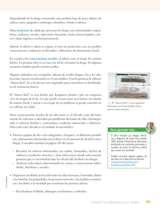 Dependiendo de la droga consumida, ésta produce baja de peso, dolores de
cabeza, nariz, garganta o estómago, calambres, vómito o náusea.

Otros trastornos de salud que provocan las drogas son enfermedades respira-
torias, cardiacas, visuales, infecciones frecuentes, hasta cirrosis hepática, cán-
cer y daño orgánico cerebral permanente.

Además el adicto o adicta se expone al sexo sin protección, con sus posibles
consecuencias: embarazos no deseados e infecciones de transmisión sexual.

En cuanto a las consecuencias sociales, el adicto corre el riesgo de cometer
ilícitos. La persona roba en su casa con tal de conseguir la droga. En algunas
ocasiones también puede cometer asaltos.

Algunos individuos sin escrúpulos, además de vender drogas a las y los ado-
lescentes, buscan involucrarlos en el narcotráfico. Con la promesa de obtener
“dinero fácil”, las y los jóvenes son engañados para convertirse en distribuido-
res de sustancias tóxicas.

El “dinero fácil” es una ilusión que desaparece pronto y que no compensa
vivir al margen de la ley. Lo que puede iniciar como una broma, un intento
de sentirse fuerte y mayor o un escape de un problema se puede convertir en          3.6. El “dinero fácil” es un espejismo.
un callejón sin salida.                                                              Participar en el narcotráfico tiene
                                                                                     graves consecuencias.

Otras consecuencias sociales de las adicciones es el elevado costo del trata-
miento de enfermos o afectados por problemas derivados de ellas: desintegra-
ción o violencia familiar y comunitaria, conductas antisociales o delictivas.
Otro costo muy elevado es el combate al narcotráfico.
                                                                                       Para aprender más…
• Formen equipos de dos o tres integrantes y busquen, en diferentes periódi-            El libro titulado Las drogas: Prince-
  cos, información relacionada con el abuso en el consumo de alcohol u otras            sas y dragones, de Javier Arza, Eneida,
                                                                                        2002, aborda el tema de las adicciones
  drogas. Consulten también la página 191 del anexo.                                    analizando los contextos personales y
                                                                                        sociales, así como los efectos y daños
  – Recorten las noticias relacionadas con asaltos, homicidios, hechos de               que causan a la sociedad.
    violencia, accidentes siniestros y otras infracciones donde intervinieron           Puedes consultar algunas páginas de
    personas que se encontraban bajo los efectos del alcohol o las drogas.              ese libro en la dirección de Internet:
  – Analicen cada noticia determinando sus causas y consecuencias indivi-               www.primeravistalibros.com/
                                                                                        ﬁchaLibro.jsp?idLibro=544
    duales, familiares y sociales.

• Organicen un debate acerca del costo en vidas humanas, lesionados, daños
  a las familias, las propiedades, las personas inocentes, las pérdidas económi-
  cas y los daños a la sociedad que ocasionan las personas adictas.

  – Para finalizar el debate, obtengan conclusiones y anótenlas.


                                                                         Conozco las adicciones y sus riesgos                  95
 
