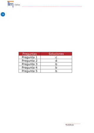 16
Edilim
WorkBook
Preguntas Soluciones
Pregunta 1 c
Pregunta 2 d
Pregunta 3 b
Pregunta 4 b
Pregunta 5 b
 
