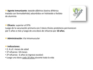 Agente inmunizante: toxoide diftérico (toxina diftérica
tratada con formaldehido) adsorbidos en hidróxido o fosfato
de aluminio
Eficacia: superior al 97%
Luego de la vacunación primaria con 3 dosis títulos protetores permanecen
por 5 años o más y luego de una dosis de refuerzo por 10 años.
Administración: Vía Intramuscular
Indicaciones:
• 2, 4 y 6 meses de edad
• 1º refuerzo: 18 meses
• 2º refuerzo: 6 años (o ingreso escolar)
• Luego una dosis cada 10 años durante toda la vida
 