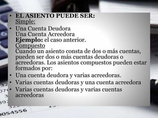 • EL ASIENTO PUEDE SER:
Simple:
• Una Cuenta Deudora
Una Cuenta Acreedora
Ejemplo: el caso anterior.
Compuesto
Cuando un asiento consta de dos o más cuentas,
pueden ser dos o más cuentas deudoras o
acreedoras. Los asientos compuestos pueden estar
formados por:
• Una cuenta deudora y varias acreedoras.
• Varias cuentas deudoras y una cuenta acreedora
• Varias cuentas deudoras y varias cuentas
acreedoras
 