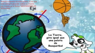Nuestro planeta no esta quieto, si no que
esta siempre girando sobre su mismo
eje, a esto se le llama “MOVIMIENTO DE
ROTACION”
 
