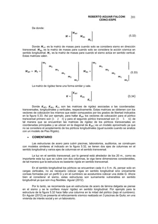 ROBERTO AGUIAR FALCONI
CEINCI-ESPE
201
De donde:
[ ]
Donde es la matriz de masas para cuando solo se considera sismo en dirección
transversal; es la matriz de masas para cuando solo se considera la acción sísmica en
sentido longitudinal; es la matriz de masas para cuando el sismo actúa en sentido vertical.
Estas matrices valen.
[ ] [ ]
La matriz de rigidez tiene una forma similar y vale.
[ ]
Donde , , , son las matrices de rigidez asociadas a las coordenadas:
transversales, longitudinales y verticales, respectivamente. Estas matrices se obtienen con los
vectores de colocación los mismos que están compuestos por los grados de libertad indicados
en la figura 5.33. Así por ejemplo, para hallar los vectores de colocación para el pórtico
transversal primero son [ ] y para el segundo pórtico transversal son [ ]; de
tal manera que se encuentran las matrices de rigidez de los pórticos transversales en
coordenadas principales y se ubican en la diagonal de ; es un modelo aproximado ya que
no se considera el acoplamiento de los pórticos longitudinales (igual sucede cuando se analiza
con un modelo de Piso Rígido).
 COMENTARIO
Las estructuras de acero para cubrir piscinas, laboratorios, auditorios, se construyen
con modelos similares al indicado en la figura 5.32, se tienen dos ejes de columnas en el
sentido longitudinal y varios ejes de columnas en el sentido transversal.
La luz en el sentido transversal, por lo general está alrededor de los 20 m., como es
importante esta luz que se cubre con dos columnas, la viga tiene dimensiones considerables,
de tal manera que la estructura es bastante rígida en sentido transversal.
En el sentido longitudinal los pórticos se encuentran cada 4 o 5 m. AL pensar solo en
cargas verticales, no es necesario colocar vigas en sentido longitudinal sino únicamente
correas formadas por un perfil G y en el cumbrero se acostumbra colocar una doble G. Ahora
bien al considerar el sismo, estas estructuras son sumamente vulnerables en sentido
longitudinal ya que son muy flexibles. Aguiar (2012).
Por lo tanto, se recomienda que en estructuras de acero de lámina delgada se piense
en el sismo y se le confiera mayor rigidez en sentido longitudinal. Por ejemplo para la
estructura de la figura 5.32 hace falta una columna en la mitad del pórtico (bajo el cumbrero).
En Aguiar (2012) se presenta el reforzamiento sísmico realizado en 3 piscinas de Quito; en una
vivienda de interés social y en un laboratorio.
(5.32)
(5.33)
(5.34)
 