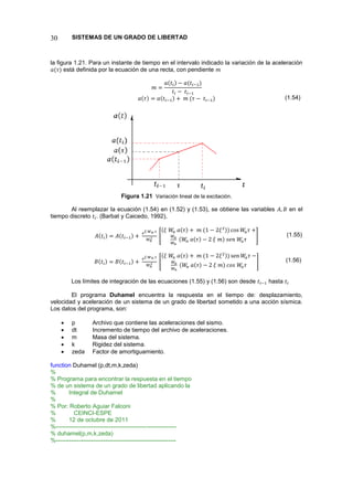SISTEMAS DE UN GRADO DE LIBERTAD
30
la figura 1.21. Para un instante de tiempo en el intervalo indicado la variación de la aceleración
está definida por la ecuación de una recta, con pendiente
Figura 1.21 Variación lineal de la excitación.
Al reemplazar la ecuación (1.54) en (1.52) y (1.53), se obtiene las variables en el
tiempo discreto . (Barbat y Caicedo, 1992),
[ ]
[ ]
Los límites de integración de las ecuaciones (1.55) y (1.56) son desde hasta
El programa Duhamel encuentra la respuesta en el tiempo de: desplazamiento,
velocidad y aceleración de un sistema de un grado de libertad sometido a una acción sísmica.
Los datos del programa, son:
 p Archivo que contiene las aceleraciones del sismo.
 dt Incremento de tiempo del archivo de aceleraciones.
 m Masa del sistema.
 k Rigidez del sistema.
 zeda Factor de amortiguamiento.
function Duhamel (p,dt,m,k,zeda)
%
% Programa para encontrar la respuesta en el tiempo
% de un sistema de un grado de libertad aplicando la
% Integral de Duhamel
%
% Por: Roberto Aguiar Falconi
% CEINCI-ESPE
% 12 de octubre de 2011
%-------------------------------------------------------------
% duhamel(p,m,k,zeda)
%-------------------------------------------------------------
(1.54)
(1.55)
(1.56)
 