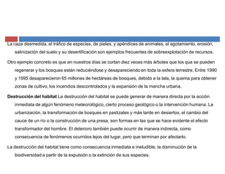La caza desmedida, el tráfico de especies, de pieles, y apéndices de animales, el agotamiento, erosión,
salinización del suelo y su desertificación son ejemplos frecuentes de sobreexplotación de recursos.
Otro ejemplo concreto es que en nuestros días se cortan diez veces más árboles que los que se pueden
regenerar y los bosques están reduciéndose y desapareciendo en toda la esfera terrestre. Entre 1990
y 1995 desaparecieron 65 millones de hectáreas de bosques, debido a la tala, la quema para obtener
zonas de cultivo, los incendios descontrolados y la expansión de la mancha urbana.
Destrucción del habitat La destrucción del habitat se puede generar de manera directa por la acción
inmediata de algún fenómeno meteorológico, cierto proceso geológico o la intervención humana. La
urbanización, la transformación de bosques en pastizales y más tarde en desiertos, el cambio del
cauce de un río o la construcción de una presa, son formas en las que se hace evidente el efecto
transformador del hombre. El deterioro también puede ocurrir de manera indirecta, como
consecuencia de fenómenos ocurridos lejos del lugar, pero que terminan por afectarlo.
La destrucción del habitat tiene como consecuencia inmediata e ineludible, la disminución de la
biodiversidad a partir de la expulsión o la extinción de sus especies.
 