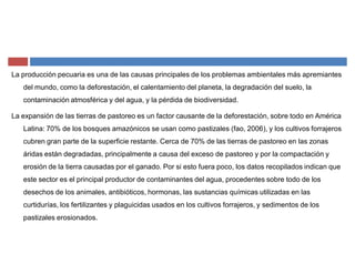 La producción pecuaria es una de las causas principales de los problemas ambientales más apremiantes
del mundo, como la deforestación, el calentamiento del planeta, la degradación del suelo, la
contaminación atmosférica y del agua, y la pérdida de biodiversidad.
La expansión de las tierras de pastoreo es un factor causante de la deforestación, sobre todo en América
Latina: 70% de los bosques amazónicos se usan como pastizales (fao, 2006), y los cultivos forrajeros
cubren gran parte de la superficie restante. Cerca de 70% de las tierras de pastoreo en las zonas
áridas están degradadas, principalmente a causa del exceso de pastoreo y por la compactación y
erosión de la tierra causadas por el ganado. Por si esto fuera poco, los datos recopilados indican que
este sector es el principal productor de contaminantes del agua, procedentes sobre todo de los
desechos de los animales, antibióticos, hormonas, las sustancias químicas utilizadas en las
curtidurías, los fertilizantes y plaguicidas usados en los cultivos forrajeros, y sedimentos de los
pastizales erosionados.
 
