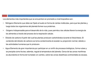 Los elementos más importantes que se encuentran en promedio a nivel troposfera son:
‡ Nitrógeno Elemento que debe ser fijado al suelo en forma de ciertas moléculas, para que las plantas y
luego todos los organismos del planeta formen sus proteínas.
‡ Oxígeno Indispensable para el desarrollo de la vida, pues permite a las células liberar la energía de
los alimentos a través del proceso de la respiración celular.
‡ Dióxido de carbono A partir del cual las plantas producen carbohidratos durante la fotosíntesis. El
contenido del dióxido de carbono se torna contaminante al exceder su proporción normal, debido a
las actividades humanas que lo producen.
‡ Agua Elemento de gran importancia por participar en un sinfín de procesos biológicos, forma nubes y
se precipita como lluvias; además, regula la temperatura del planeta. Cerca de las zonas marítimas
es abundante en forma de humedad; en cambio, sobre las zonas desérticas continentales es escasa.
 