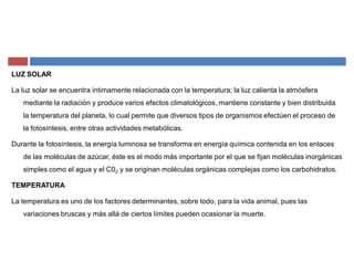LUZ SOLAR
La luz solar se encuentra íntimamente relacionada con la temperatura; la luz calienta la atmósfera
mediante la radiación y produce varios efectos climatológicos, mantiene constante y bien distribuida
la temperatura del planeta, lo cual permite que diversos tipos de organismos efectúen el proceso de
la fotosíntesis, entre otras actividades metabólicas.
Durante la fotosíntesis, la energía luminosa se transforma en energía química contenida en los enlaces
de las moléculas de azúcar, éste es el modo más importante por el que se fijan moléculas inorgánicas
simples como el agua y el C02 y se originan moléculas orgánicas complejas como los carbohidratos.
TEMPERATURA
La temperatura es uno de los factores determinantes, sobre todo, para la vida animal, pues las
variaciones bruscas y más allá de ciertos límites pueden ocasionar la muerte.
 