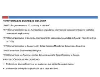 TERRITORIALIDAD-DIVERSIDAD BIOLÓGICA
1966/72 Programa unesco: "El hombre y la biosfera".
1971 Convención relativa a los humedales de importancia internacional especialmente como habitat de
aves acuáticas (Ramsar).
1973 Convención sobre el Comercio Internacional de Especies Amenazadas de Fauna y Flora Silvestres
(CITES).
1979 Convención sobre la Conservación de las Especies Migratorias de Animales Silvestres.
1992 Convenio de Biodiversidad Biológica.
1994 Convenio de las Naciones Unidas de Lucha contra la Desertificación y la Sequía.
PROTECCIÓN DE LA CAPA DE OZONO
‡ Protocolo de Montreal relativo a las sustancias que agotan la capa de ozono.
‡ Convenio de Viena para la protección de la capa de ozono.
 