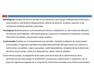 Morfológicas Cambios de forma o de color en los individuos y que incluye modificaciones anatómicas o
estructurales lo cual facilita el desplazamiento, obtener de alimento, ocultarse, sobrevivir a las
condiciones climáticas adversas, entre otras.
Fisiológicas Modificaciones en su funcionamiento interno y metabolismo, lo cual involucra la alteración
de procesos como digestión, intercambio gaseoso, producción y transporte de sustancias, excreción,
transmisión de señales, comunicación celular, etcétera.
Conductuales Cambios en el comportamiento que permiten, mediante la adopción de ciertas pautas
conductuales, al organismo sobrellevar la problemática particular del lugar donde vive, sobrevivir y
reproducirse, por ejemplo, cazar a sus presas, evadir depredadores, refugiarse de las inclemencias
del clima, buscar pareja, cuidar a su descendencia, migrar, hibernar, etcétera.
Como hemos revisado, la adaptación de los seres vivos es la clave de su sobrevivencia y de la
permanencia que éstos tengan en el ambiente. La presencia o ausencia de un organismo o de un
grupo de organismos depende de un conjunto de condiciones conocidas como factores ambientales.
 