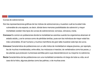 Curvas de sobrevivencia
Son las representaciones gráficas de los índices de sobrevivencia y muestran cuál es la edad más
vulnerable de una especie, es decir, dónde tiene menores posibilidades de sobrevivir y mayor
mortalidad; existen tres tipos de curvas de sobrevivencia: convexa, cóncava y recta.
Convexa Es común en poblaciones donde la mortalidad se acentúa cuando los organismos alcanzan el
estado adulto, y se le conoce como de pérdidas tardías, pues son los individuos de mayor edad los
más vulnerables. El ser humano y muchos mamíferos de gran talla muestran este tipo de curva.
Cóncava Característica de poblaciones con un alto índice de mortalidad en etapas jóvenes, por ejemplo,
las de muchos invertebrados, entre ellos, los moluscos e insectos; de vertebrados como los peces, y
las plantas que producen numerosas semillas pero cuya descendencia en su mayoría no sobrevive.
Recta Característica de las poblaciones con una mortalidad constante a lo largo de toda su vida, es el
caso de la hidra, algunas plantas como las palmas, o de muchas aves
 