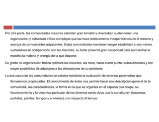 Por otra parte, las comunidades mayores ostentan gran tamaño y diversidad, suelen tener una
organización y estructura trófica complejas que las hace relativamente independientes de la materia y
energía de comunidades adyacentes. Estas comunidades mantienen mayor estabilidad y son menos
vulnerables en comparación con las menores, su biota presenta gran capacidad para aprovechar al
máximo la materia y energía de la que dispone.
Su grado de organización trófica optimiza los recursos, las hace, hasta cierto punto, autosuficientes y con
mayor posibilidad de adaptarse a las alteraciones de su ambiente.
La estructura de las comunidades se estudia mediante la evaluación de diversos parámetros que
llamaremos propiedades. El conocimiento de éstas nos permite hacer una descripción general de la
comunidad, sus características, la forma en la que se organiza en el espacio que ocupa, su
funcionamiento y la dinámica particular de los diversos seres vivos que la constituyen (bacterias,
protistas, plantas, hongos y animales), con respecto al tiempo.
 
