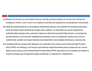 La eficacia con la que una comunidad consume, asimila y produce tejidos se conoce como eficiencia
ecológica o trófica y varía mucho con respecto a los tipos de organismos y ecosistemas involucrados.
Se habla de productividad de un ecosistema refiriéndose siempre a la cantidad de biomasa producida a
partir de determinada cantidad de energía solar captada. La velocidad a la que los organismos
autótrofos fijan energía solar y generan materia se denomina productividad primaria. La energía les
permite efectuar sus funciones metabólicas prioritarias, como la respiración celular, pero una vez
cubierto esto, utilizan la energía restante para desarrollar nuevos tejidos (biomasa) y reproducirse.
A la cantidad total de energía solar fijada por los autótrofos se le conoce como Productividad Primaria
Bruta (PPB); sin embargo, a la fracción que destinan específicamente para la producción de nuevos
tejidos se le conoce como Productividad Primaria Neta (PPN), esta última es el resultado de restarle a
la ppb la energía que el organismo gasta al efectuar su respiración y metabolismo.
 