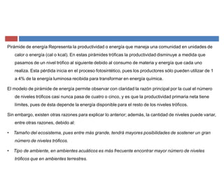 Pirámide de energía Representa la productividad o energía que maneja una comunidad en unidades de
calor o energía (cal o kcal). En estas pirámides tróficas la productividad disminuye a medida que
pasamos de un nivel trófico al siguiente debido al consumo de materia y energía que cada uno
realiza. Esta pérdida inicia en el proceso fotosintético, pues los productores sólo pueden utilizar de 1
a 4% de la energía luminosa recibida para transformar en energía química.
El modelo de pirámide de energía permite observar con claridad la razón principal por la cual el número
de niveles tróficos casi nunca pasa de cuatro o cinco, y es que la productividad primaria neta tiene
límites, pues de ésta depende la energía disponible para el resto de los niveles tróficos.
Sin embargo, existen otras razones para explicar lo anterior; además, la cantidad de niveles puede variar,
entre otras razones, debido al:
‡ Tamaño del ecosistema, pues entre más grande, tendrá mayores posibilidades de sostener un gran
número de niveles tróficos.
‡ Tipo de ambiente, en ambientes acuáticos es más frecuente encontrar mayor número de niveles
tróficos que en ambientes terrestres.
 