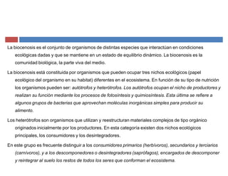 La biocenosis es el conjunto de organismos de distintas especies que interactúan en condiciones
ecológicas dadas y que se mantiene en un estado de equilibrio dinámico. La biocenosis es la
comunidad biológica, la parte viva del medio.
La biocenosis está constituida por organismos que pueden ocupar tres nichos ecológicos (papel
ecológico del organismo en su habitat) diferentes en el ecosistema. En función de su tipo de nutrición
los organismos pueden ser: autótrofos y heterótrofos. Los autótrofos ocupan el nicho de productores y
realizan su función mediante los procesos de fotosíntesis y quimiosíntesis. Esta última se refiere a
algunos grupos de bacterias que aprovechan moléculas inorgánicas simples para producir su
alimento.
Los heterótrofos son organismos que utilizan y reestructuran materiales complejos de tipo orgánico
originados inicialmente por los productores. En esta categoría existen dos nichos ecológicos
principales, los consumidores y los desintegradores.
En este grupo es frecuente distinguir a los consumidores primarios (herbívoros), secundarios y terciarios
(carnívoros), y a los descomponedores o desintegradores (saprófagos), encargados de descomponer
y reintegrar al suelo los restos de todos los seres que conforman el ecosistema.
 