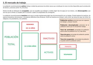 Renta: cantidad de dinero que recibe una persona por su
contribución al mercado de factores
Riqueza: es el valor monetario de todos los bienes y
derechos que posee una persona.
1. Renta y riqueza
Las personas reciben rentas por su contribución al proceso de producción. La renta sirve para medir la situación económica de una persona o país.
Casi todo el mundo posee la capacidad de trabajar, pero unas personas poseen también solares, locales, medios de producción, activos
financieros….por lo que obtienen unas retribuciones superiores.
La distribución de los ingresos
Los ingresos que genera una sociedad se distribuyen entre los propieta-
rios de los factores en forma de salarios, beneficios, alquileres o intere-
ses. La mayor parte corresponde a salarios mediante la forma de suel-
dos, salarios o prestaciones. El resto son alquileres, intereses, beneficios
de sociedades y de empresarios individuales.
La renta de una persona va a depender de los factores productivos que
posea y del precio que obtenga por de ellos en el mercado.
Las personas pueden consumir o ahorrar la renta obtenida. Si ahorran
están acumulando riqueza.
La relación entre renta y riqueza
Riqueza y renta están relacionadas. La riqueza sería como el volumen
de agua de una piscina, y la renta el agua del grifo que la llena.
En función de la cantidad de renta que ingresemos podremos alcanzar
un mayor o menor nivel de riqueza (¡siempre y cuando no tengamos el
desagüe abierto!).
La renta genera riqueza y la
riqueza genera renta
Riqueza
Renta
Renta
Renta y riqueza se retroalimentan
Riqueza
 
