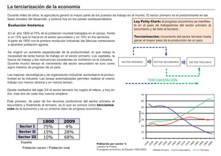 0
10
20
30
40
50
60
70
Porcentaje
Primario Secundario Terciario
La terciarización de la economía
Durante miles de años, la agricultura generó la mayor parte de los puestos de trabajo en el mundo. El sector primario es el predominante en las
fases iniciales del desarrollo, y todavía hoy en los países subdesarrollados
Evolución histórica
En el año 1800 el 75% de la población mundial trabajaba en el campo, frente
a un 15% que lo hacía en el sector secundario y un 10% en los servicios.
A partir de 1800 con la primera revolución industrial, las fábricas comenzaron
a absorber población agraria.
Se originó un aumento espectacular de la productividad, lo que redujo la
necesidad de tanta fuerza de trabajo en el sector primario. Los capitales, la
fuerza de trabajo y las mercancías excedentes se invirtieron en la industria.
Durante mucho tiempo el crecimiento del sector secundario se tuvo como
signo máximo de progreso de un país.
Las mejoras tecnológicas y de organización industrial aumentaron la produc-
tividad en la industria. Las tareas automatizadas permiten realizar el mismo
trabajo con menos obreros y en menos tiempo.
Desde mediados del siglo XX el sector terciario ha cogido el relevo, y hoy en
día, crea dos de cada tres nuevos empleos.
Este proceso, de paso de los recursos productivos del sector primario al
secundario y finalmente al terciario, es lo que se conoce como terciariza-
ción de la economía y es un síntoma claro de progreso económico.
Ley Petty Clark: el progreso económico se manifies-
ta en el paso de trabajadores del sector primario al
secundario y de éste al terciario.
Terciarización: incremento del sector terciario hasta
ganar el mayor peso de la producción de un país.
Población por sector %
Leandro de Prados
El progreso económico de España (1850-2000)
SECTOR SECUNDARIOSECTOR PRIMARIO SECTOR TERCIARIO
TERCIARIZACIÓN
1800 2009
Sector I 75% 4%
Sector II 15% 28%
Sector III 10% 68%
España:
Población sector / Población total
 