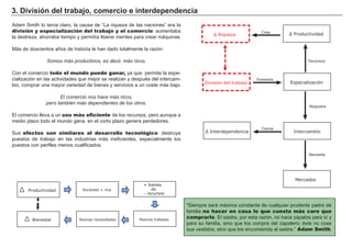 3. División del trabajo, comercio e interdependencia
Adam Smith lo tenía claro, la causa de “La riqueza de las naciones” era la
división y especialización del trabajo y el comercio: aumentaba
la destreza, ahorraba tiempo y permitía liberar mentes para crear máquinas.
Más de doscientos años de historia le han dado totalmente la razón:
Somos más productivos, es decir, más ricos.
Con el comercio todo el mundo puede ganar, ya que permite la espe-
cialización en las actividades que mejor se realizan y después del intercam-
bio, comprar una mayor variedad de bienes y servicios a un coste más bajo.
El comercio nos hace más ricos,
pero también más dependientes de los otros.
El comercio lleva a un uso más eficiente de los recursos, pero aunque a
medio plazo todo el mundo gana, en el corto plazo genera perdedores.
Sus efectos son similares al desarrollo tecnológico: destruye
puestos de trabajo en las industrias más ineficientes, especialmente los
puestos con perfiles menos cualificados.
Siempre será máxima constante de cualquier prudente padre de
familia no hacer en casa lo que cuesta más caro que
comprarlo. El sastre, por esta razón, no hace zapatos para sí y
para su familia, sino que los compra del zapatero; éste no cose
sus vestidos, sino que los encomienda al sastre.” Adam Smith.
Ʃ 5LTXH]D Ʃ 3URGXFWLYLGDG
Fomenta
(VSHFLDOL]DFLyQ
Intercambio
0HUFDGRV
'LYLVLyQ GHO WUDEDMR
Ʃ ,QWHUGHSHQGHQFLD
DXVD
)DYRUHFH
5HTXLHUH
Necesita
Crea
3URGXFWLYLGDG 6RFLHGDG  ULFD
1XHYos trabajos1XHYDV QHFHVLGDGHVBienestar
 ELHQHV
 UHFXUVRV
GH
 