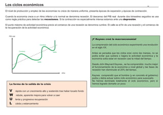 3. Problemas de medición del producto nacional                                                                                         140


El PIB real no es lo mismo que el bienestar, pero está relacionado positivamente con valores importantes: esperanza de vida, educación, asistencia
social…Los países con bajo PIB no pueden permitirse estos servicios .

En la medición del PIB existen lagunas:
                                                                                  En países subdesarrollados lo habitual es que prácticamente
- Productos y servicios fuera del mercado                                         toda la economía sea sumergida. En la UE se estima que
Los trabajos realizados por las propias personas en sus hogares no se             en España e Italia supera el 20% del PIB, mientras que en
contabilizan, pero sí, el contratar a otra persona para desempeñarlos.            Grecia podría alcanzar la cifra record del 30%.

- Economía sumergida
Transacciones no declaradas legalmente. Puede ser por la propia natu-
raleza ilegal del bien (tráfico de drogas, armas, prostitución…) o activi-
dades normales que intentan evadir impuestos al no declararlas.
                                                                                                       Trabajos
                                                                                                       domésticos
- Las externalidades
La calidad del medioambiente y de los recursos no se mide ni se tiene
en cuenta. Las existencia de externalidades negativas sobreestima el
beneficio neto que la sociedad obtiene al producir un bien.                           Ocio                                 Economía
                                                                                                                           sumergida
- La producción de “males”
En los bienes contabilizados existen muchos no deseables como:                                  Problemas
armas, cárceles, venenos...                                                                    medición del
- La distribución de la renta
                                                                                             producto nacional
Que la producción y consumo de bienes y servicios aumente en una
economía no significa que este aumento beneficie a toda la población.                                                        Externalidades
                                                                                   Equidad

- El ocio
El nivel de producción y consumo puede elevarse como resultado de
un aumento del tiempo dedicado al trabajo.
                                                                                                          Males
 
