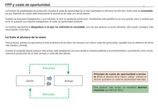 FPP y coste de oportunidad.                                                                                                             40



La frontera de posibilidades de producción muestra el coste de oportunidad de un bien expresado en términos de otro bien. Este coste es creciente,
ya que depende de cuánto esté produciendo la economía de cada uno de los bienes.

Cuando se trasvasan trabajadores a una industria, la otra va perdiendo producción. Inicialmente esta pérdida no es muy grande, pero a medida que
se le va quitando sus mejores trabajadores, el coste de oportunidad aumenta.

La frontera representa la disyuntiva a la que se enfrenta la sociedad, una vez que alcanza un punto eficiente, sólo puede conseguir más
renunciando a otro bien.


La fruta al alcance de la mano

Para producir, primero se aprovecha la fruta al alcance de la mano, los recursos con menor coste de oportunidad, aquellos que se obtienen de forma
más barata y cómoda.

Cuando la sociedad decide producir más armas, está trasladando recursos desde la industria editorial a la armamentística, aumentando como conse-
cuencia la producción de un bien (armas) a costa del otro (libros).




                                     Recursos

                                                                                       Principio de coste de oportunidad crecien-
                                                                                       te (fruta al alcance de la mano): utilizar primero el
                                                                                       recurso que tiene un coste de oportunidad más bajo.
                    Libros                                Armas

                                                                                      Para producir más armas, es necesario desviar
                                                                                      recursos que fabrican libros.
                                    Recursos
 