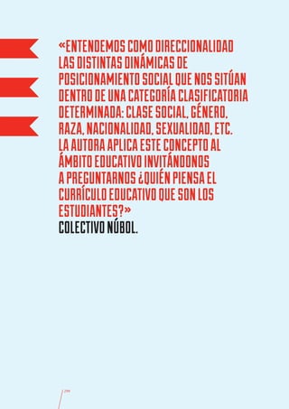 «ENTENDEMOS COMO DIRECCIONALIDAD
LAS DISTINTAS DINÁMICAS DE
POSICIONAMIENTO SOCIAL QUE NOS SITÚAN
DENTRO DE UNA CATEGORÍA CLASIFICATORIA
DETERMINADA: CLASE SOCIAL, GÉNERO,
RAZA, NACIONALIDAD, SEXUALIDAD, ETC.
LA AUTORA APLICA ESTE CONCEPTO AL
ÁMBITO EDUCATIVO INVITÁNDONOS
A PREGUNTARNOS ¿QUIÉN PIENSA EL
CURRÍCULO EDUCATIVO QUE SON LOS
ESTUDIANTES?»
COLECTIVO NÚBOL.




 299
 