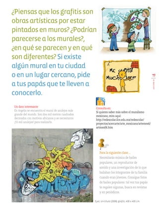 ¿Piensasquelosgrafitisson
obrasartísticasporestar
pintadosenmuros?¿Podrían
parecersealosmurales?,
¿enquéseparecenyenqué
sondiferentes?Siexiste
algúnmuralentuciudad
oenunlugarcercano,pide
atuspapásquetellevena
conocerlo.
79
LECCIÓN19Para la siguiente clase…
Necesitarás música de bailes
populares, un reproductor de
sonido y una investigación de lo que
bailaban los integrantes de tu familia
cuando eran jóvenes. Consigue fotos
de bailes populares: tal vez tus papás
te regalen algunas, busca en revistas
y en periódicos.
Eyel, sin título (2008), grafiti, 400 x 400 cm.
Un dato interesante
En Argelia se encuentra el mural de azulejos más
grande del mundo. Son dos mil metros cuadrados
decorados con motivos africanos y se necesitaron
¡55 mil azulejos! para realizarlo.
Consulta en:
Si quieres saber más sobre el muralismo
mexicano, mira aquí:
http://redescolar.ilce.edu.mx/redescolar/
proyectos/acercarte/arte_mexicano/artemex6/
artmex06.htm
AB-EDU-ART-5-P-044-096.indd 79 11/10/11 13:44
 