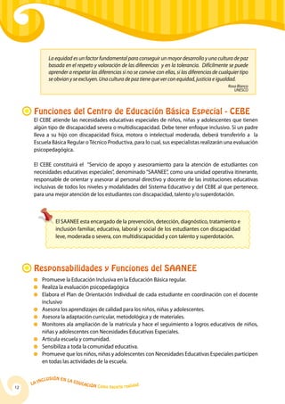 La equidad es un factor fundamental para conseguir un mayor desarrollo y una cultura de paz
              basada en el respeto y valoración de las diferencias y en la tolerancia. Difícilmente se puede
              aprender a respetar las diferencias si no se convive con ellas, si las diferencias de cualquier tipo
              se obvian y se excluyen. Una cultura de paz tiene que ver con equidad, justicia e igualdad.
                                                                                                        Rosa Blanco
                                                                                                           UNESCO




      Funciones del Centro de Educación Básica Especial - CEBE
      El CEBE atiende las necesidades educativas especiales de niños, niñas y adolescentes que tienen
      algún tipo de discapacidad severa o multidiscapacidad. Debe tener enfoque inclusivo. Si un padre
      lleva a su hijo con discapacidad física, motora o intelectual moderada, deberá transferirlo a la
      Escuela Básica Regular o Técnico Productiva, para lo cual, sus especialistas realizarán una evaluación
      psicopedagógica.

      El CEBE constituirá el “Servicio de apoyo y asesoramiento para la atención de estudiantes con
      necesidades educativas especiales”, denominado “SAANEE”, como una unidad operativa itinerante,
      responsable de orientar y asesorar al personal directivo y docente de las instituciones educativas
      inclusivas de todos los niveles y modalidades del Sistema Educativo y del CEBE al que pertenece,
      para una mejor atención de los estudiantes con discapacidad, talento y/o superdotación.



                     El SAANEE esta encargado de la prevención, detección, diagnóstico, tratamiento e
                     inclusión familiar, educativa, laboral y social de los estudiantes con discapacidad
                     leve, moderada o severa, con multidiscapacidad y con talento y superdotación.




      Responsabilidades y Funciones del SAANEE
          	 Promueve la Educación Inclusiva en la Educación Básica regular.
          	 Realiza la evaluación psicopedagógica
          	 Elabora el Plan de Orientación Individual de cada estudiante en coordinación con el docente
            inclusivo
          	Asesora los aprendizajes de calidad para los niños, niñas y adolescentes.
          	Asesora la adaptación curricular, metodológica y de materiales.
          	 Monitores ala ampliación de la matrícula y hace el seguimiento a logros educativos de niños,
            niñas y adolescentes con Necesidades Educativas Especiales.
          	Articula escuela y comunidad.
          	 Sensibiliza a toda la comunidad educativa.
          	 Promueve que los niños, niñas y adolescentes con Necesidades Educativas Especiales participen
            en todas las actividades de la escuela.


              u   si ó n e n l a
          Incl                     Educ
     La                                a   ción Cómo hacerla realidad
12
 