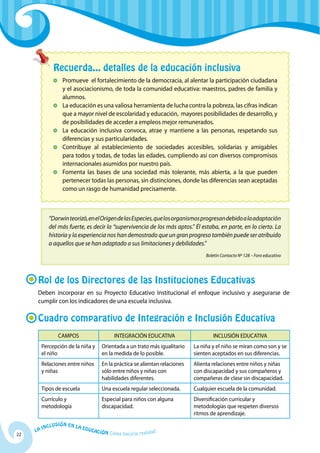 Recuerda... detalles de la educación inclusiva
                   	 Promueve el fortalecimiento de la democracia, al alentar la participación ciudadana
                     y el asociacionismo, de toda la comunidad educativa: maestros, padres de familia y
                     alumnos.
                   	La educación es una valiosa herramienta de lucha contra la pobreza, las cifras indican
                     que a mayor nivel de escolaridad y educación, mayores posibilidades de desarrollo, y
                     de posibilidades de acceder a empleos mejor remunerados.
                   	La educación inclusiva convoca, atrae y mantiene a las personas, respetando sus
                     diferencias y sus particularidades.
                   	Contribuye al establecimiento de sociedades accesibles, solidarias y amigables
                     para todos y todas, de todas las edades, cumpliendo así con diversos compromisos
                     internacionales asumidos por nuestro país.
                   	 Fomenta las bases de una sociedad más tolerante, más abierta, a la que pueden
                     pertenecer todas las personas, sin distinciones, donde las diferencias sean aceptadas
                     como un rasgo de humanidad precisamente.



             “Darwin teorizó, en el Origen de las Especies, que los organismos progresan debido a la adaptación
             del más fuerte, es decir la “supervivencia de los más aptos.” Él estaba, en parte, en lo cierto. La
             historia y la experiencia nos han demostrado que un gran progreso también puede ser atribuido
             a aquellos que se han adaptado a sus limitaciones y debilidades.”
                                                                                          Boletín Contacto Nº 128 – Foro educativo




      Rol de los Directores de las Instituciones Educativas
      Deben incorporar en su Proyecto Educativo Institucional el enfoque inclusivo y asegurarse de
      cumplir con los indicadores de una escuela inclusiva.

      Cuadro comparativo de Integración e Inclusión Educativa
                   CAMPOS                         INTEGRACIÓN EDUCATIVA                      INCLUSIÓN EDUCATIVA
          Percepción de la niña y            Orientada a un trato más igualitario    La niña y el niño se miran como son y se
          el niño                            en la medida de lo posible.             sienten aceptados en sus diferencias.
          Relaciones entre niños             En la práctica se alientan relaciones   Alienta relaciones entre niños y niñas
          y niñas                            sólo entre niños y niñas con            con discapacidad y sus compañeros y
                                             habilidades diferentes.                 compañeras de clase sin discapacidad.
          Tipos de escuela                   Una escuela regular seleccionada.       Cualquier escuela de la comunidad.
          Currículo y                        Especial para niños con alguna          Diversificación curricular y
          metodología                        discapacidad.                           metodologías que respeten diversos
                                                                                     ritmos de aprendizaje.
              u   si ó n e n l a
          Incl                     Educ
     La                                a   ción Cómo hacerla realidad
22
 