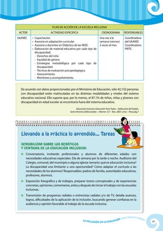 PLAN de acción de la escuela inclusiva
 ACTOR                     ACTIVIDAD ESPECIFICA                             CRONOGRAMA              RESPONSABLES
SAANEE    •	   Capacitación.                                              Una vez a la               Coordinadora
          •	   Asesoría en adaptación curricular.                         semana (viernes)           del SAANEE
          •	   Asesoría a docentes en Didáctica de las NEEE.              2 veces al mes             Coordinadora
          •	   Elaboración de material educativo por cada tipo de                                    PRITE.
               discapacidad:
               -	 Derechos del niño
               -	 Equidad de género
               -	 Estrategias metodológica por cada tipo de
                  discapacidad
               -	 Técnicas de evaluación psicopedagógica
               -	Asesoramiento
               -	 Monitoreo y acompañamiento.


  De acuerdo con datos proporcionados por el Ministerio de Educación, sólo 42,132 personas
  con discapacidad están matriculadas en las distintas modalidades y niveles del sistema
  educativo nacional. Ello supone que, por lo menos, el 87.1% de niños, niñas y jóvenes con
  discapacidad en edad escolar se encontraría fuera del sistema educativo.
                                                  Educación Inclusiva: Educación Para Todos – Defensoría del Pueblo,
                                           Serie Informes Defensoriales – Informe 127 – Nov. 2007, Lima – Perú pág.7




  Llevando a la práctica lo aprendido... Tareas
  Sensibilizar sobre los benéficos
  y ventajas de la Educación Inclusiva:
   	Conversatorio, invitando profesionales y alumnos de diferentes edades con
    necesidades educativas especiales. Día de semana por la tarde o noche. Auditorio del
    Colegio, comunal, del municipio o alguna iglesia: temario: qué es educación inclusiva?
    La discapacidad una limitante o una oportunidad? Cómo adaptar el currículo a las
    necesidades de los alumnos? Responsables: padres de familia, autoridades educativas,
    profesores, alumnos.
   	 Exposición fotográfica y de trabajos, preparar textos conceptuales y de experiencias
     concretas, opiniones, comentarios, antes y después de iniciar el trabajo con las escuelas
     inclusivas.
   	 Transmisión de programas radiales o entrevistas radiales y/o de TV, detalla avances,
     logros, dificultades de la aplicación de la inclusión, buscando generar confianza en la
     audiencia y opinión favorable al trabajo de la escuela inclusiva.



                                                                                                        hacerla reali
                                                                                                 Cómo                   dad
                                                        La Inclu                    ción
                                                                   sión en la Educa                                           29
 