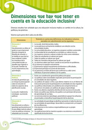 Dimensiones que hay que tener en
      cuenta en la educación inclusiva1
      Diversos estudios han señalado que una educación inclusiva implica un cambio en la cultura, las
      políticas y las prácticas.

      Veamos qué quiere decir cada uno de ellos. 

                                                       Teniendo en cuenta estas definiciones, los indicadores inclusivos
                   Dimensiones
                                                              asociados con cada dimensión son los siguientes:  
          Dimensión 1                            1.	La escuela  da la bienvenida a todos.
          Cultura                                2.	La escuela busca activamente establecer una relación con las
          Esta dimensión se refiere al               comunidades locales.
          grado en que el personal               3.	La comunidad educativa se organiza y propone cambios sustanciales
          docente comparte la                    4.	La diversidad de los estudiantes se considera un valioso recurso.
          filosofía de inclusión  y              5.	Los maestros conocen y valoran a todos los niños como individuos.
          la medida en que ésta se               6.	 Todos los estudiantes se valoran por igual.
          hace evidente a todos                  7.	 Todos los padres se valoran por igual.
          los miembros de la                     8.	 Todos los miembros del personal se valoran por igual.
          comunidad escolar y a                  9.	Los alumnos saben qué hacer cuando se encuentran en problemas.
          aquellos que ingresan a                10.	Los alumnos se apoyan mutuamente.
          la escuela. También da                 11.	El personal se apoya mutuamente al enfrentarse a dificultades.
          mucha importancia a los                12.	El personal participa en la toma de decisiones.
          aprendizajes.                          13.	Las personas se tratan de forma que confirman su valor como
                                                     individuos. El personal colabora con los padres.
          Dimensión 2                            1.	 Existe una coordinación general de políticas de apoyo.
          Políticas                              2.	Las políticas sobre necesidades especiales promueven la participación
          Se trata de garantizar que                 en actividades de clase regulares.
          se incluya la preocupación             3.	Las políticas de apoyo a niños cuyo idioma materno no es el idioma de
          sobre la inclusión en                      instrucción promueven la participación en actividades de clase regulares.
          todos los aspectos de la               4.	Las políticas relacionadas con problemas de comportamiento se
          planificación escolar.                     encuentran vinculadas con políticas de apoyo al aprendizaje.
                                                 5.	 Existe una abierta y equitativa distribución de recursos en la escuela.
          La escuela implementa                  6.	 Existe una política que alienta a los padres a ser partícipes del proceso
          estrategias asumiendo                      de aprendizaje de sus hijos.
          políticas                              7.	Los servicios externos (psicólogos, paramédicos) apoyan los esfuerzos
                                                     encaminados a intensificar la participación de los alumnos.
          Dimensión 3                            1.	Las actividades de aprendizaje se planifican pensando en todos los alumnos.
          Práctica                               2.	Las actividades de aprendizaje desarrollan la comprensión y el respeto
          Esta dimensión se refiere a               por las diferencias.
          garantizar que las prácticas en        3.	A los alumnos se los motiva a responsabilizarse por su propio
          el aula reflejen tanto la cultura         aprendizaje.
          como las políticas inclusivas          4.	Las explicaciones de los maestros ayudan a sus alumnos a encontrar el
          adoptadas por la escuela.                 significado de las lecciones.

      _______________
      1 Extracto de Manual Estratégico de Apoyo a la Educación Inclusiva en Rumania

              u   si ó n e n l a
          Incl                     Educ
     La                                a   ción Cómo hacerla realidad
32
 