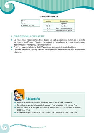 Criterios de Evaluación

                           SI = 1                                   Puntaje           Evaluación
                           NO = 0                                     10                Optimo
                           A veces = ½ ó 0.5                         10 - 7            Muy Bien
                                                                     6-4        Bien y necesitas apoyo
                                                                     3-1        Requiere mucho apoyo


      2. Participación permanente
          	Los niños, niñas y adolescentes deben buscar ser protagonistas en la marcha de su escuela,
           incorporándose al Consejo Educativo Institucional y/o creando asociaciones u organizaciones
           de alumnos, que velen por sus legítimos intereses.
          	Conocer a los especialistas del SAANEE y comentarles cualquier inquietud o dilema.
          	Organizar actividades lúdicas y artísticas de integración e intercambio con toda la comunidad
           educativa.




            		                      Bibliografía
              	 Manual de Educación Inclusiva, Ministerio de Educación, 2006, Lima-Perú
              	 Foro: Abramos paso a la Educación Inclusiva – Foro Educativo – 2004, Lima - Perú
              	 Plan Nacional de Acción por la Infancia y Adolescencia 2002 – 2010, PCM, MIMDES,
                2002, Lima - Perú
              	 Foro: Abramos paso a la Educación Inclusiva – Foro Educativo – 2004, Lima - Perú




              u   si ó n e n l a
          Incl                     Educ
     La                                a   ción Cómo hacerla realidad
60
 